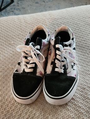 Vans Black & White Low-Top Sneakers with Pink Floral Accent
